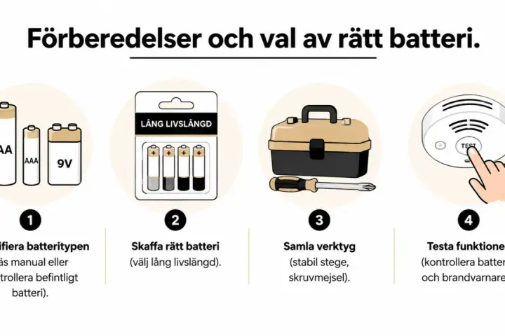 Bilden visar hur man förbereder och väljer rätt batteri. En brandvarnare piper trots nytt batteri? Följ stegen för att testa funktionen.