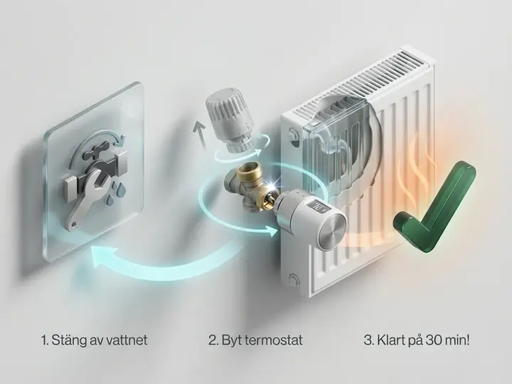 Steg-för-steg-guide för att byta radiator termostat. Stäng av vattnet, byt termostat, klart på 30 min!