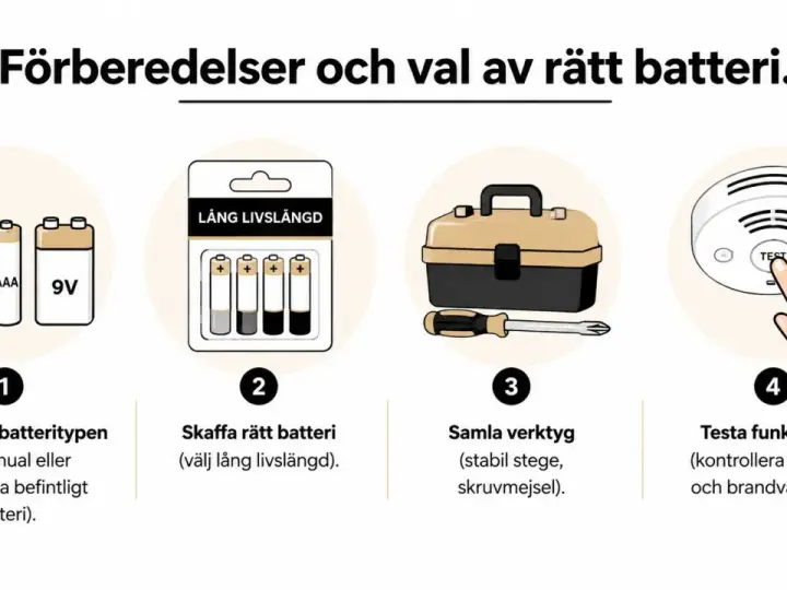 Bilden visar hur man förbereder och väljer rätt batteri. En brandvarnare piper trots nytt batteri? Följ stegen för att testa funktionen.