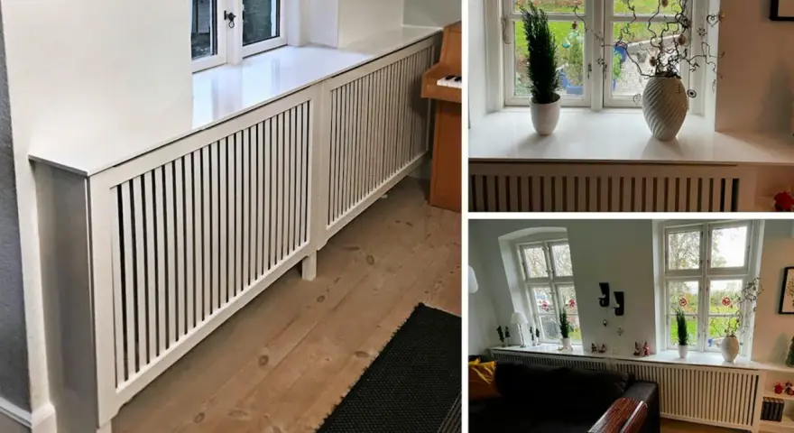 Vitt elementskydd längs fönsterbrädorna, ger ett stilrent och praktiskt skydd.