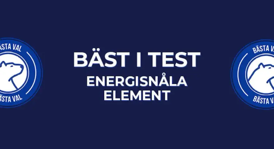 Bästa i test: energisnåla element. Logotyp med en isbjörn och texten "Bästa Val" omger texten "Bäst i test energisnåla element".