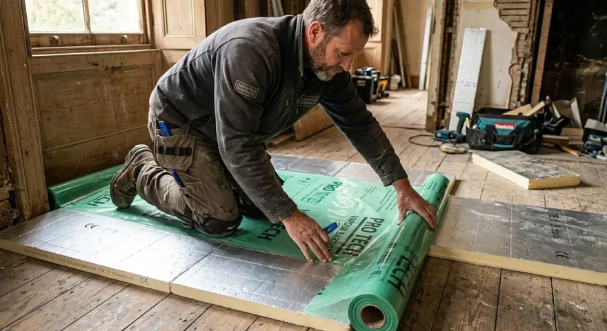 Man rullar ut grön ångspärr över isoleringsskivor för att isolera betonggolv.