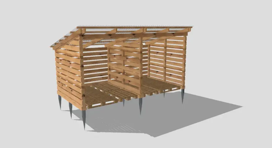 Enkel vedbod byggd av lastpallar, med tak av korrugerad plåt och pallgolv. Perfekt för att bygga vedskjul av lastpallar.