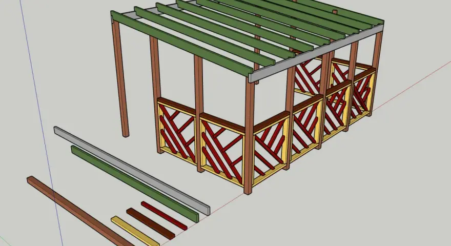 En 3D-modell av en altan med trästolpar, takbjälkar och dekorativa räcken. Bredvid altanen ligger byggdelar som ska användas för att rita altan i SketchUp.