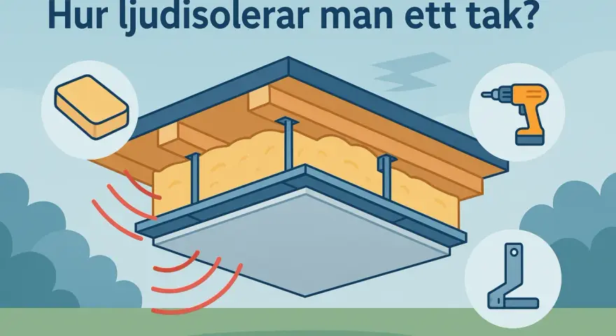 Illustration visar hur man ljudisolerar tak mellan våningar med isolering, skruvdragare och fästen.