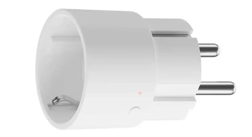 Vit smart kontakt för att styra eluttag med mobilen. En liten röd lampa indikerar status.
