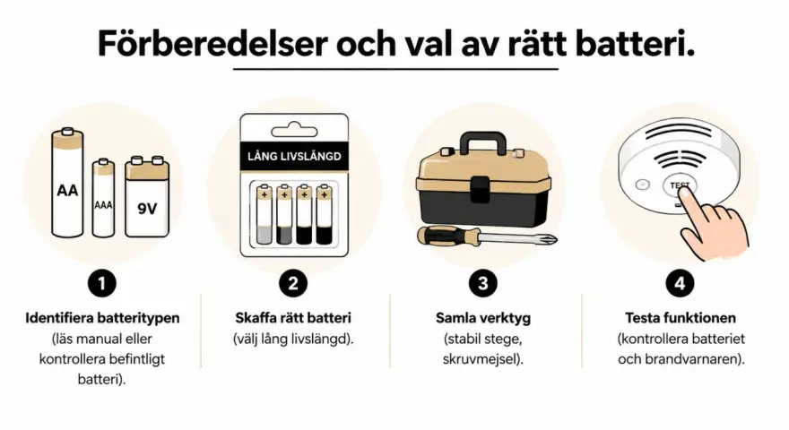 Bilden visar hur man förbereder och väljer rätt batteri. En brandvarnare piper trots nytt batteri? Följ stegen för att testa funktionen.