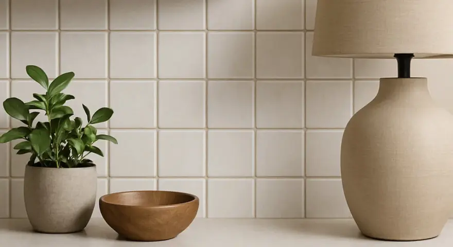 En krukväxt, en träskål och en lampa står framför en vägg med ljusa, fyrkantiga kakelplattor. En fin detalj som visar skillnad på kakel och klinker.