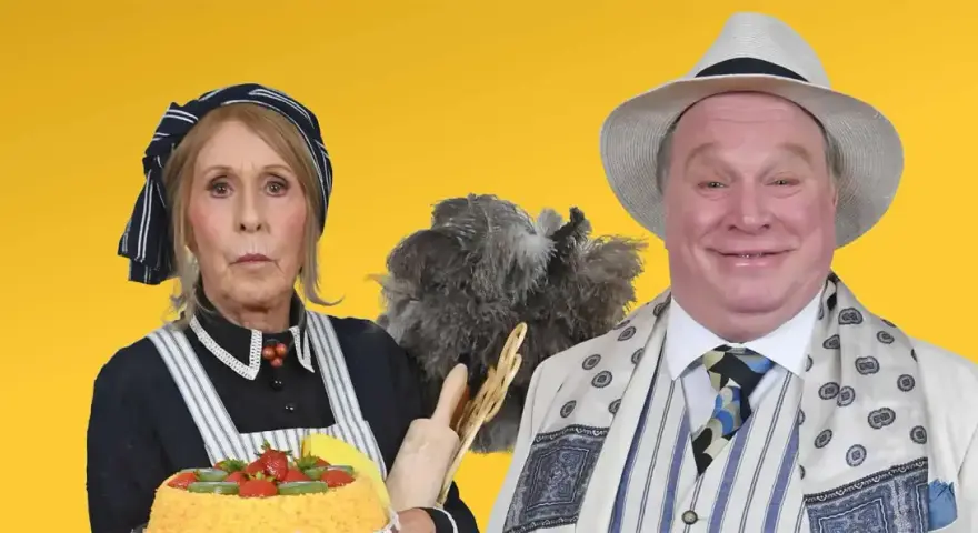 En kvinna i städkläder med en tårta och en man i hatt och kostym, som om de vore karaktärer från en lusthus ritning.