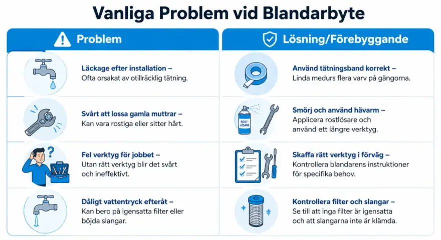 Vanliga problem vid byte av duschblandare: läckage, rostiga muttrar, fel verktyg, dåligt vattentryck. Lösningar: täta rätt, smörj, använd rätt verktyg, kontrollera filter.