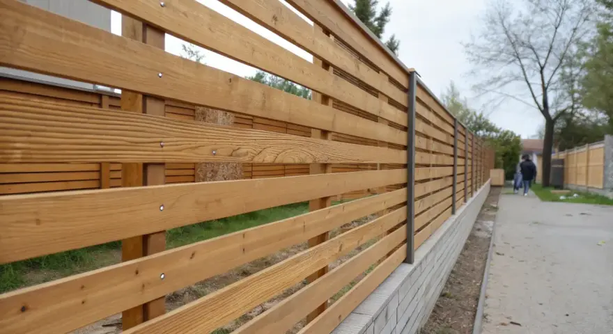 Ett modernt, liggande staket i trä med metallstolpar. Staketet löper längs en trottoar och en grönskande gräsmatta.