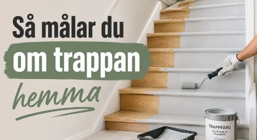 En person målar trappsteg grå med en roller. Halva trappan är redan målad, den andra halvan är i trä. Texten "Så målar du om trappan hemma" syns.