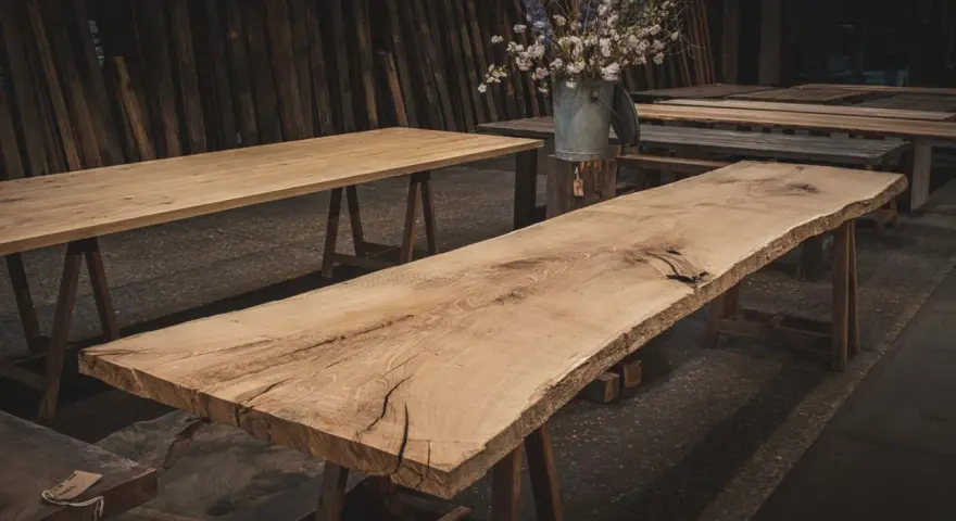 Råa ekbord med naturliga kanter, oljade och redo för utomhusbruk. En bukett blommor i en zinkhink står på ett av borden.