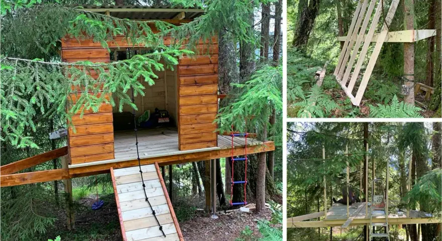 Bygga stege till ett trädkoja i skogen. En trästege och ett rep är fästa vid kojan.