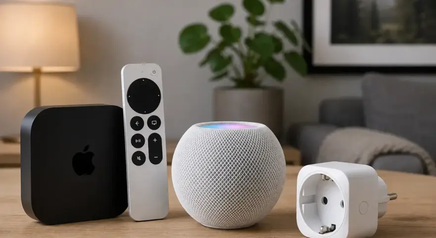 Apple TV, Siri Remote, HomePod och en smart plugg för ett smart hem.