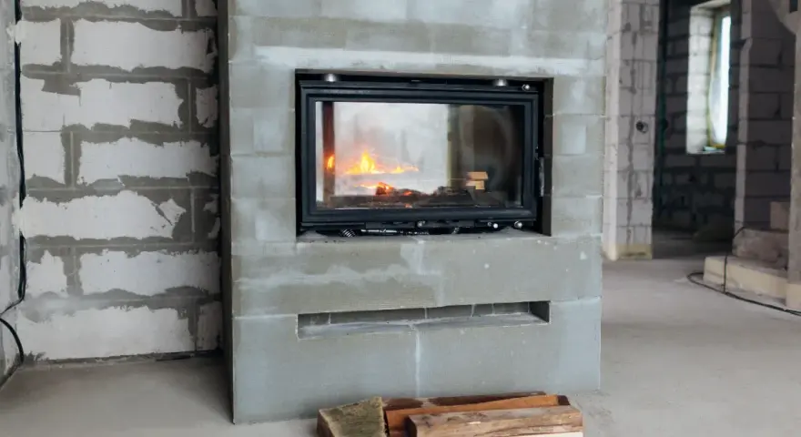 En nyinstallerad kamin med eld i. Byggarbetsplats med tegelväggar och golv.