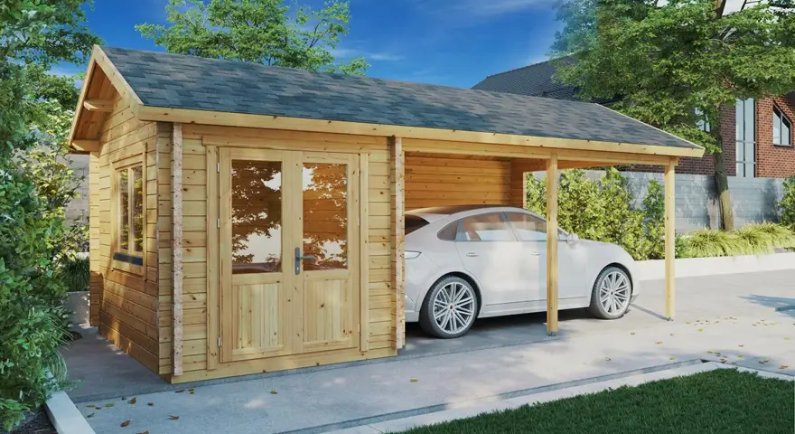 En vit bil parkerad under ett träcarport bredvid ett garage. Perfekt för att bygga garage och skydda bilen.