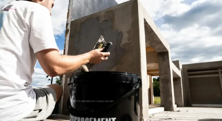 Man applicerar microcement utomhus på en betongkonstruktion. En hink med "Microcement" syns i förgrunden.