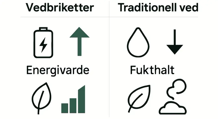 Jämförelse av vedbriketter och traditionell ved. Vedbriketter har hög energivärde, medan traditionell ved har högre fukthalt.