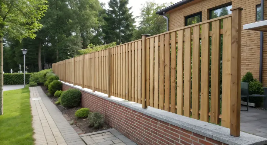 Ett nytt, modernt staket av trä reser sig över en låg tegelmur. Grönskande buskar och en stenlagd gång kantas av det vackra staketet.