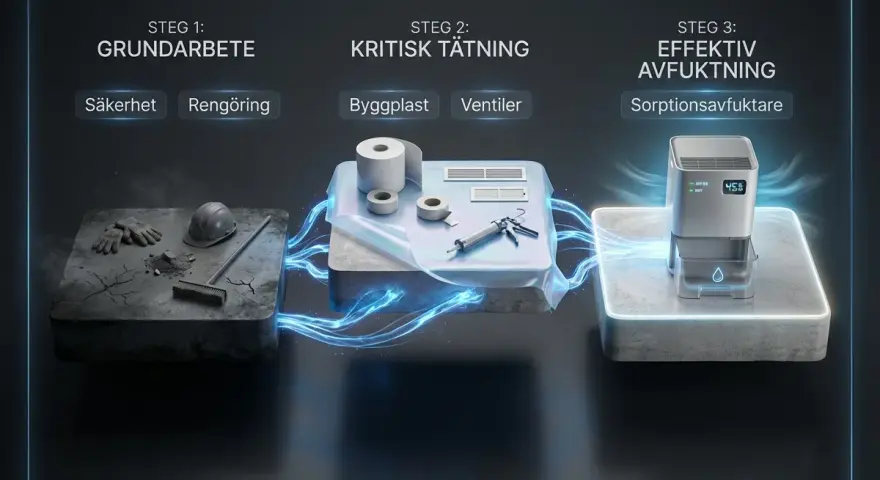 Steg för att skapa en torr krypgrund: grundarbete, tätning med byggplast och ventiler, samt effektiv avfuktning med en sorptionsavfuktare.