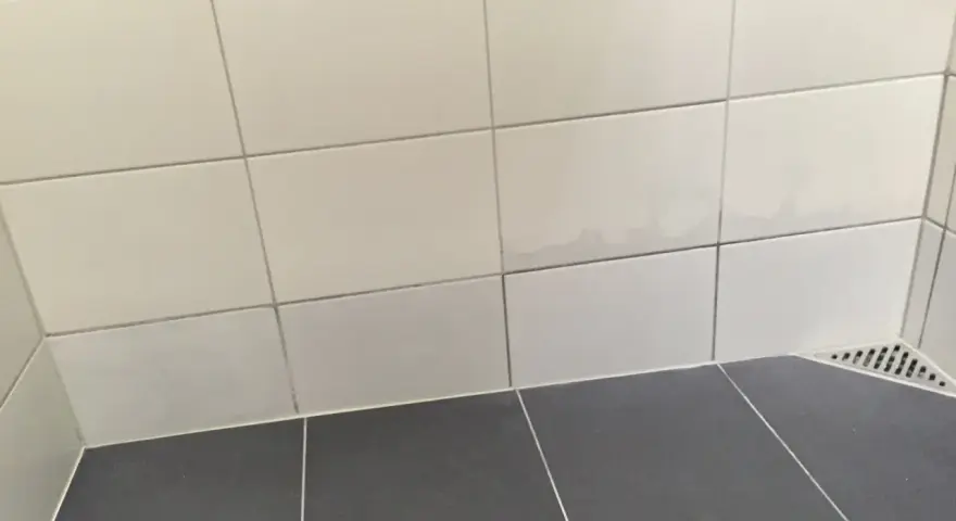 Fuktskada kakel i duschen. Mörka fläckar syns på de ljusa väggplattorna, ett tecken på fuktproblem.