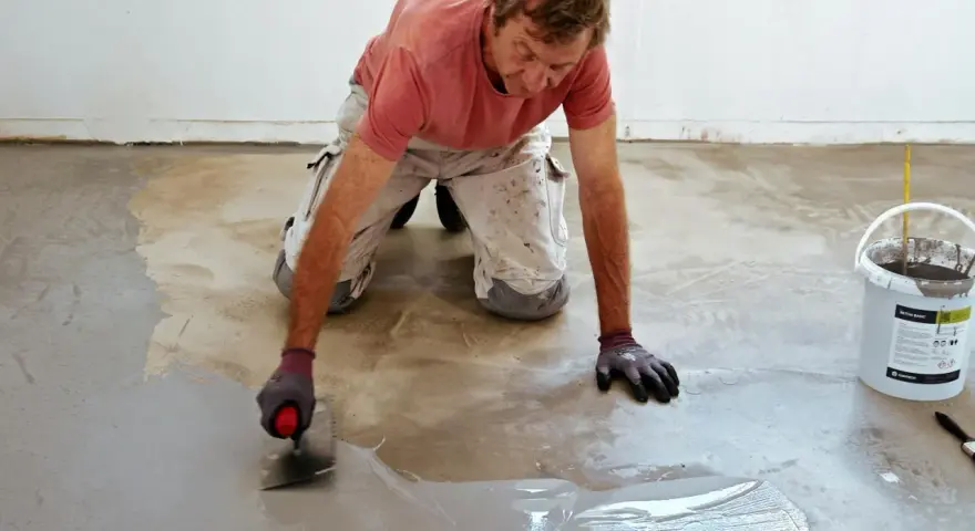 Man målar garagegolv med spackel.