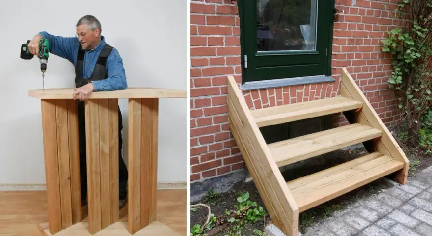 Man bygga trappa utomhus. En färdigbyggd trätrappa leder upp till en dörr.