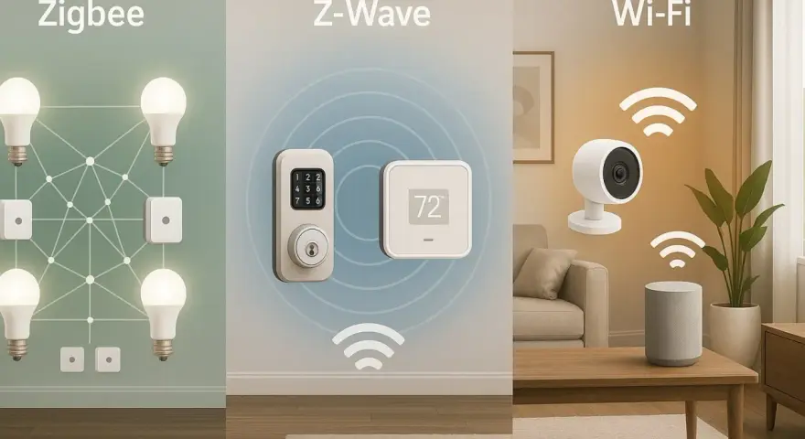 Z-Wave-teknik visar ett smart lås och en termostat. Zigbee visar lampor och brytare. Wi-Fi visar en kamera och högtalare.