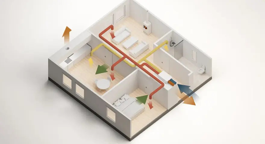 Illustration av ett hus med ventilationssystem som visar hur man kan isolera taket för att spara energi.
