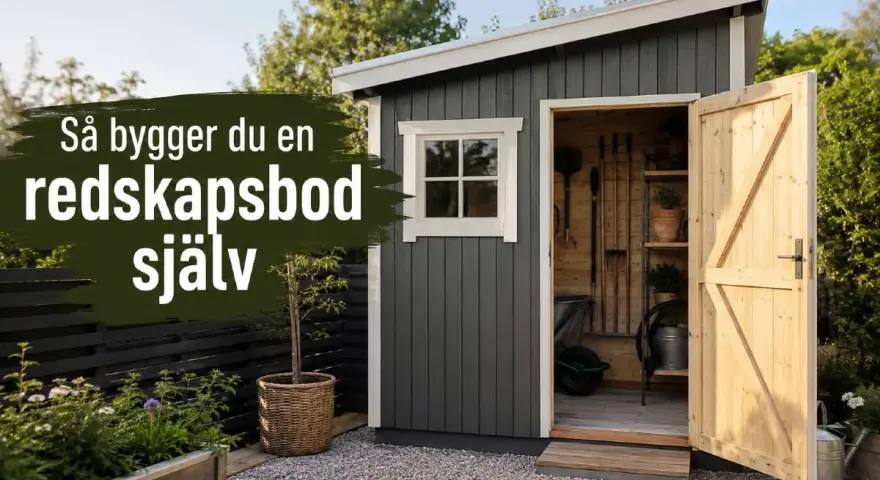 En mörkgrå redskapsbod med öppen dörr visar trädgårdsredskap. Texten "Så bygger du en redskapsbod själv" syns.