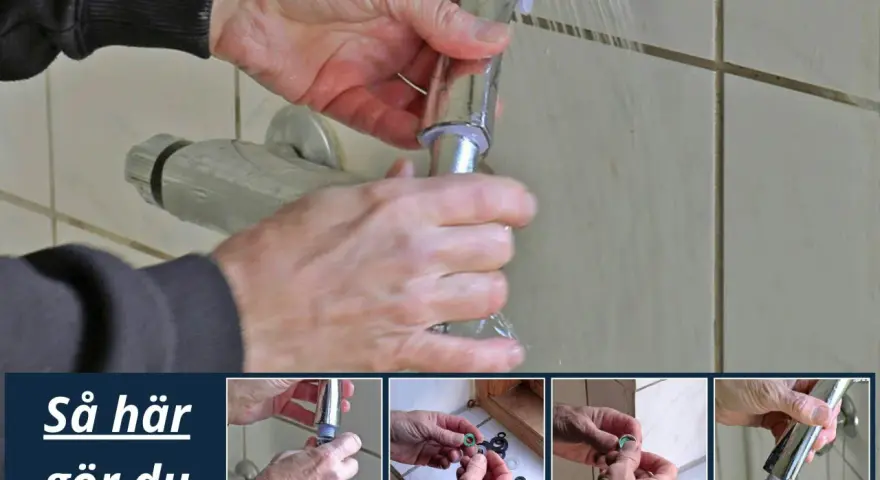 Här visar en person hur man byter duschslang. Flera bilder visar steg för steg hur man lossar och monterar.