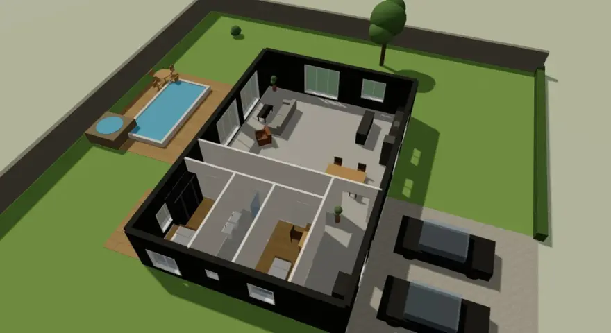 En 3D-ritning av ett modernt svart hus med pool, trädgård och två bilar på uppfarten.