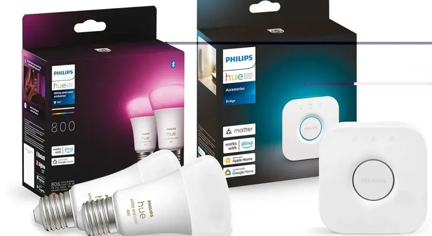 Philips Hue smart lampor och en Hue Bridge, redo för Matter. Skapa stämning med färg och vitt ljus.
