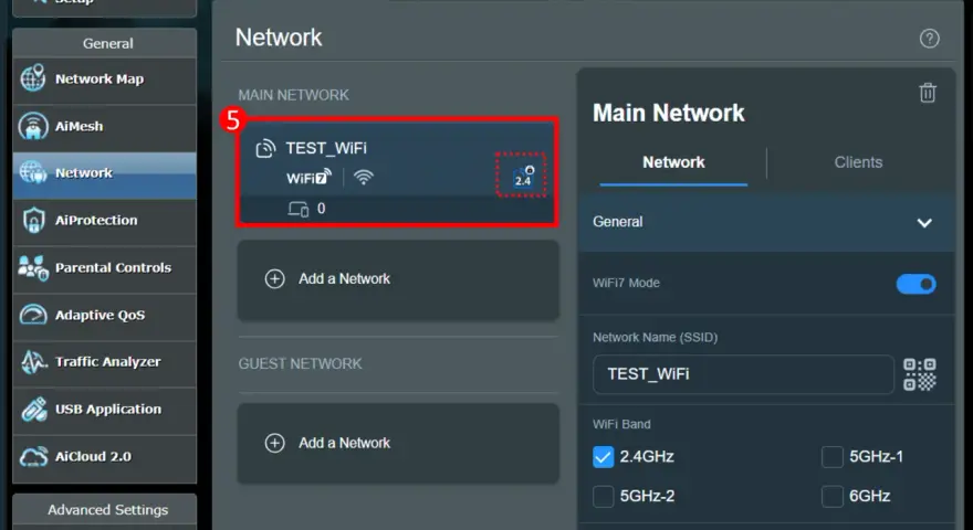 Asus router problem: TEST_WIFI-nätverket är aktivt på 2.4GHz-bandet.