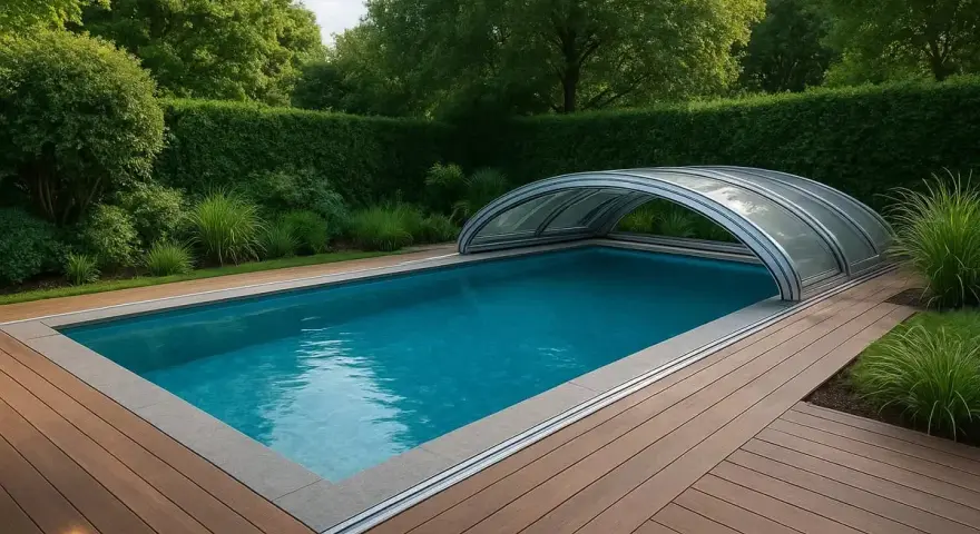 En pool med tak i en lummig trädgård. Taket kan vara en investering som minskar pool kostnad för uppvärmning och underhåll.