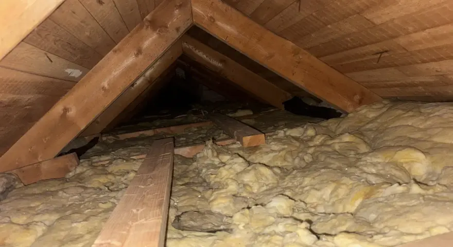 Takbjälkar och isolering i ett vindsutrymme. En del av isoleringen syns tydligt, vilket visar hur man kan isolera innertak för bättre värmeekonomi.