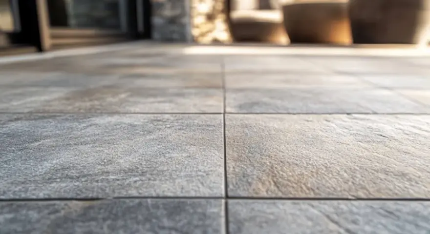 Grå plattor med fin textur, där lite sand ligger mellan plattorna. Solen lyser på uteplatsen.