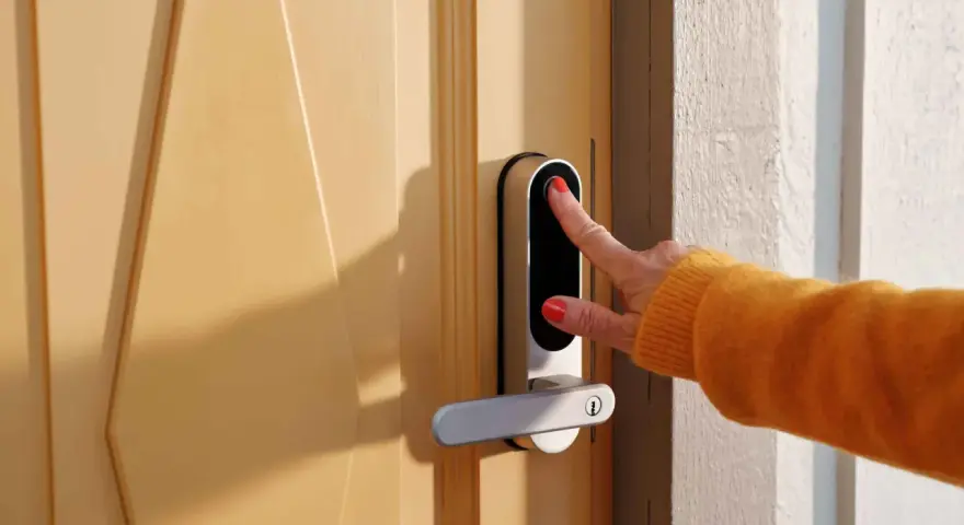 En hand med orange tröja använder fingeravtrycksläsaren på ett modernt dörrlås. Kanske ett nimly touch pro problem uppstod?