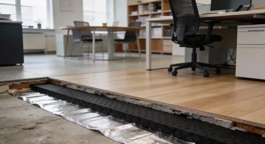 Detaljerad vy av ljudisolering golv med trägolv ovanpå. Ett kontor med möbler syns i bakgrunden.
