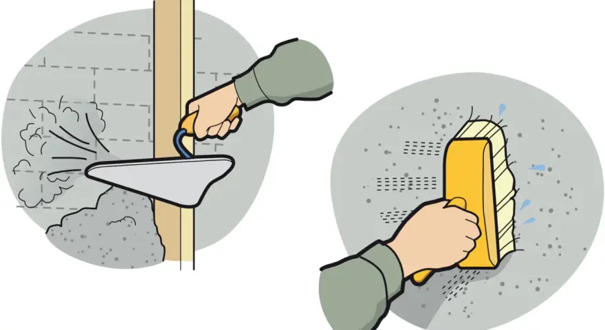 Två steg i putsbruk inomhus: applicering med spackel och utjämning med en svamp.