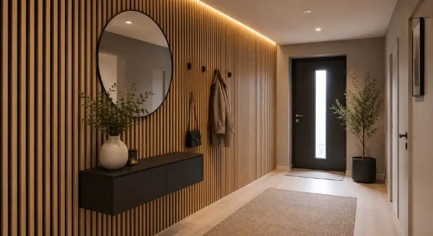 Hall med vägg av stående ribbor i trä. Rund spegel, svart hylla med vas och en hängande jacka. Dörr och matta i hallen.