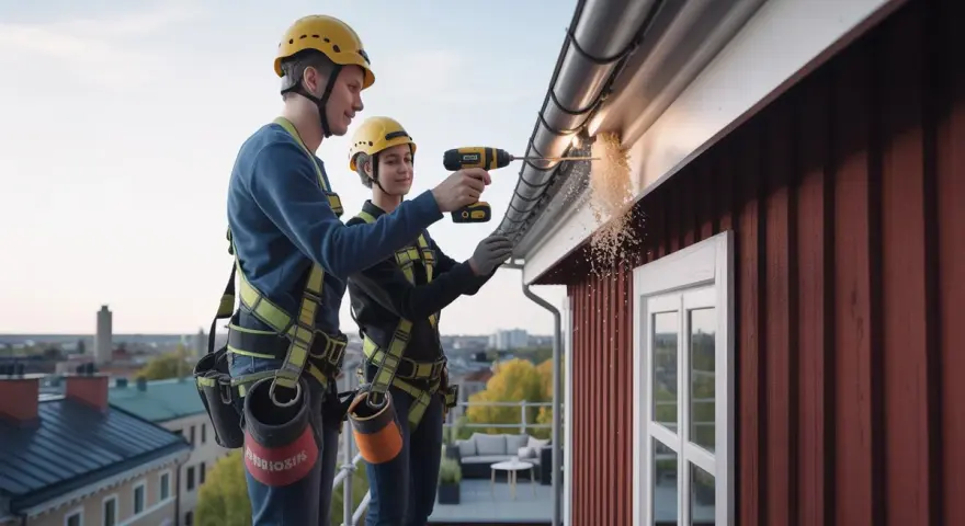 Två personer i varselkläder och hjälm arbetar på taket. En av dem borrar i takrännan, där träspån yr. De ser ut att fixa dubbla vindskivor på ett rött trähus.