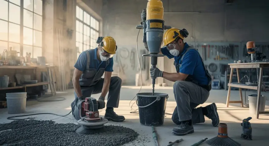 Två byggarbetare förbereder sig för att gjuta betonggolv. En blandar cement i en hink med en kraftig blandare, medan den andra förbereder ytan med en polermaskin.