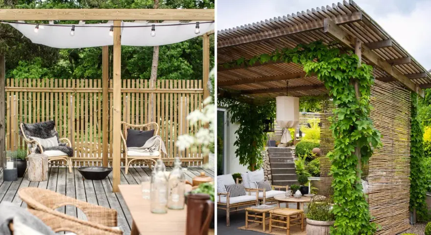 Två mysiga uteplatser med pergola inspiration. En med vit markis och ljusslinga, den andra med klätterväxter och bambuskärm.