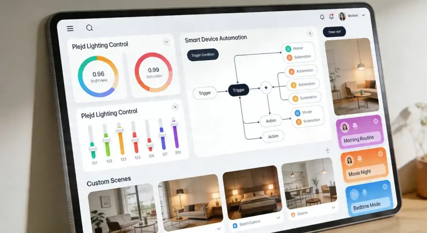 App för smart belysning visar Plejd-kontroller, automatiseringar och anpassade scener.