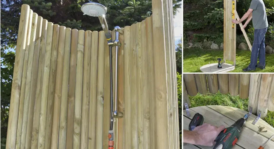 Man bygger en utedusch med trästolpar och en duschslang. Verktyg och material syns i bild.