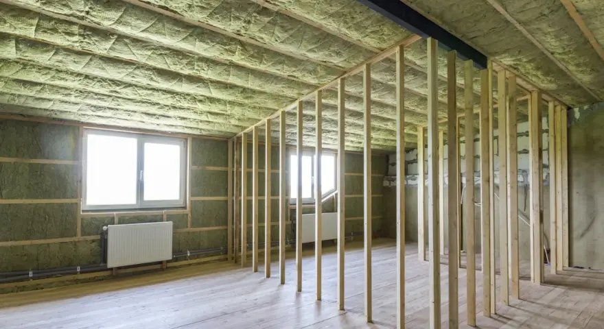 Rummet är under renovering med träreglar och ljudisolering på väggar och tak. Två fönster med vita element under.