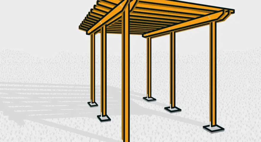 Enkel pergola ritning i gult och svart, med skuggor som faller på en gräsmatta.