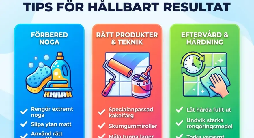 Tips för att måla kakel: förbered noga, använd rätt produkter och teknik, samt sköt eftervård och härdning för ett hållbart resultat.